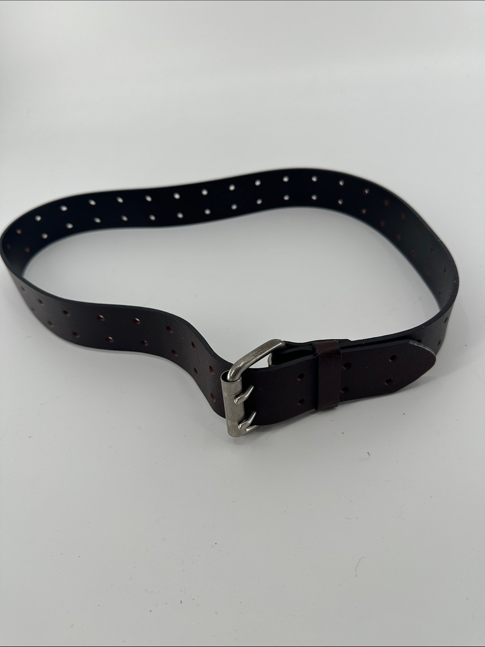 Dickies Dark Brown Double-Prong Perforated Leather Belt with Silver Buckle
